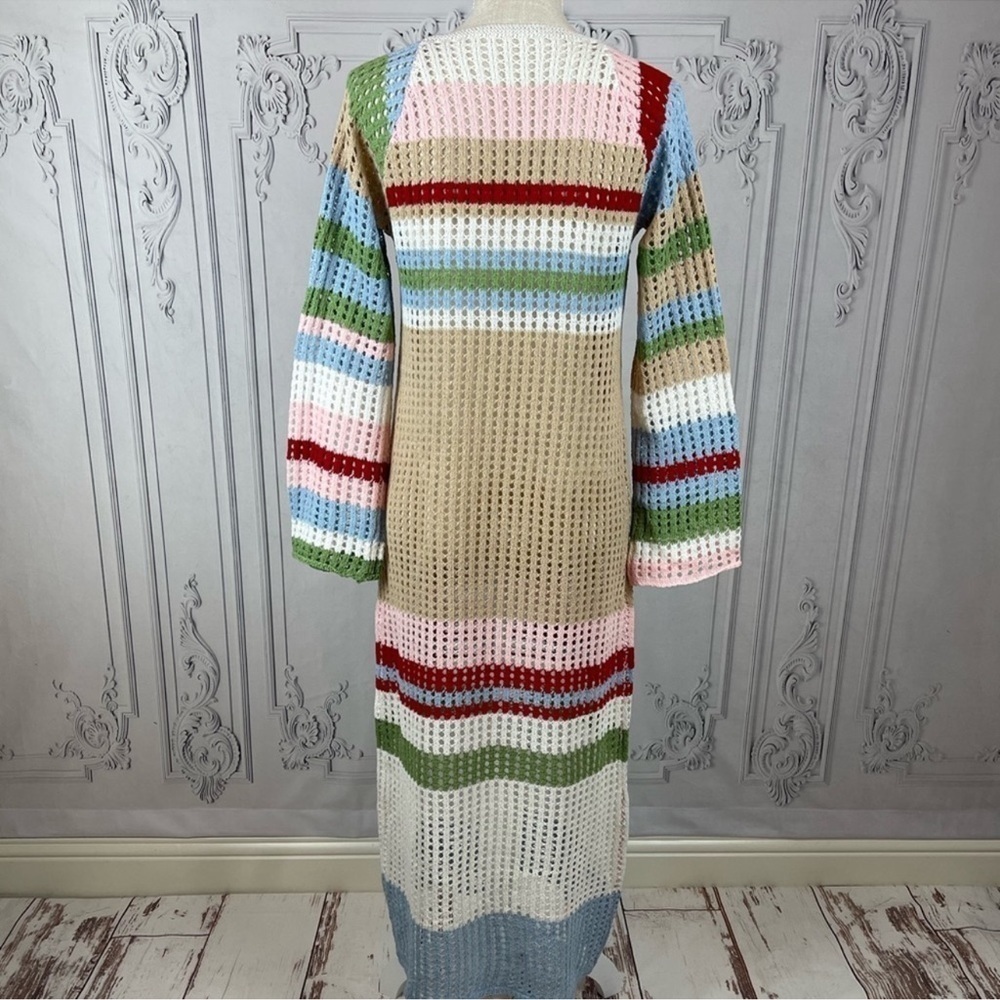 Casual Bohemian Crochet Long Sleeves Color Block Swimsuit Coverup Midi Dress - Picture 7 of 7